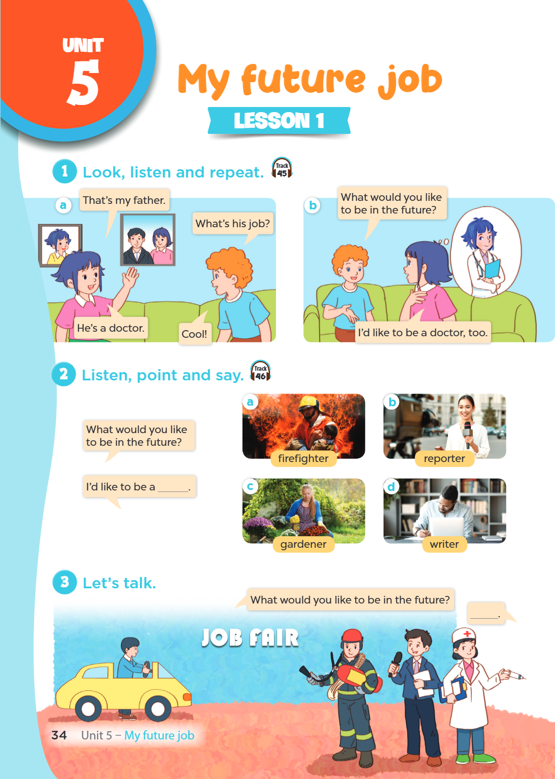 Unit 5. My future job LESSON 1 1. Look, listen and repeat. Track 45 a) That's my father. What's his job? He's a doctor. Cool! b) What would you like to be in th