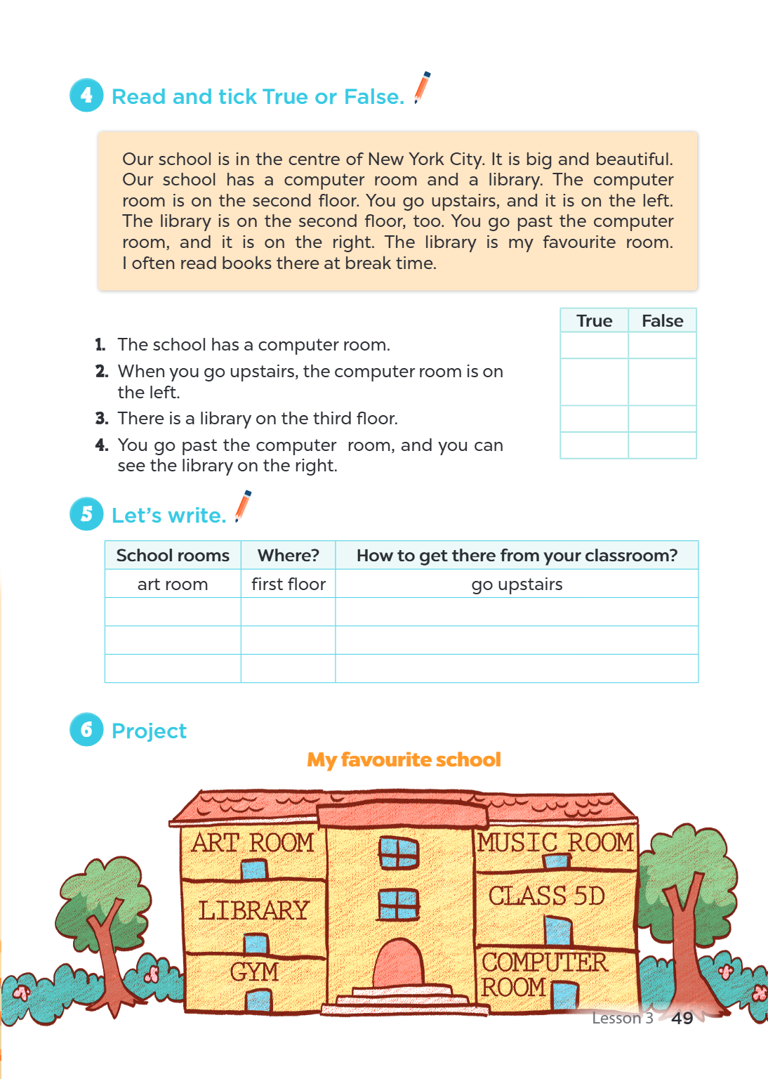 4. Read and tick True or False. Our school is in the centre of New York City. It is big and beautiful. Our school has a computer room and a library. The compute