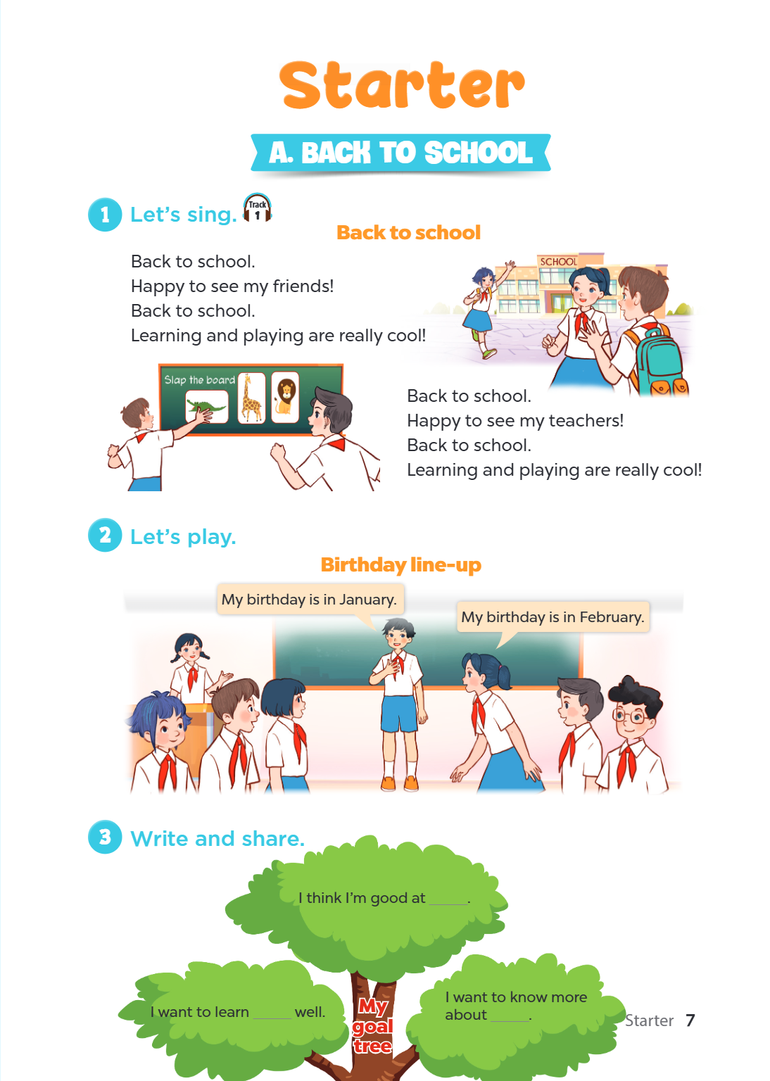 Starter A. BACK TO SCHOOL 1. Let's sing. Back to school Back to school. Happy to see my friends! Back to school. Learning and playing are really cool! Back to s