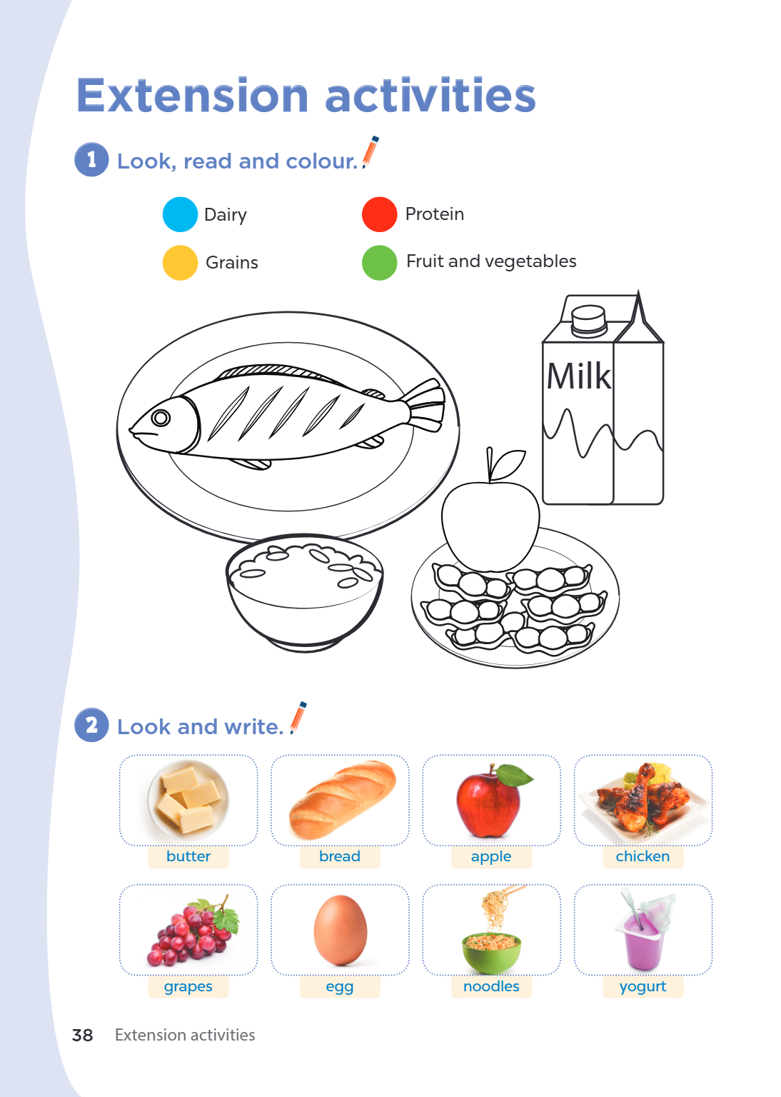 Extension activities 1 Look, read and colour. Dairy, Protein Grains, Fruit and vegetables Milk 2 Look and write. butter bread apple chicken grapes egg noodles y