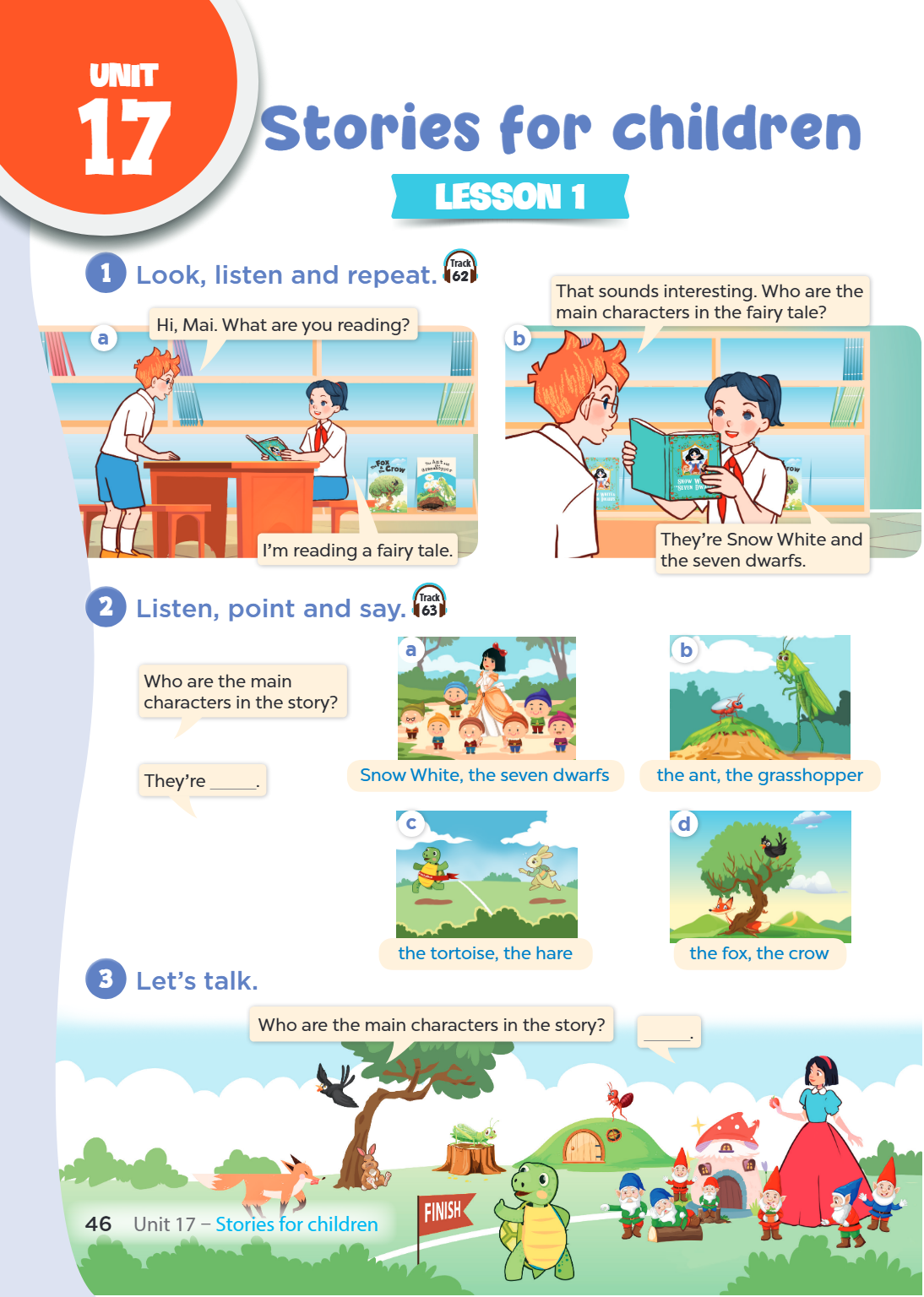 Unit 17. Stories for children LESSON 1 1. Look, listen and repeat. Track 62 a: Hi, Mai. What are you reading? I'm reading a fairy tale. b: That sounds interesti