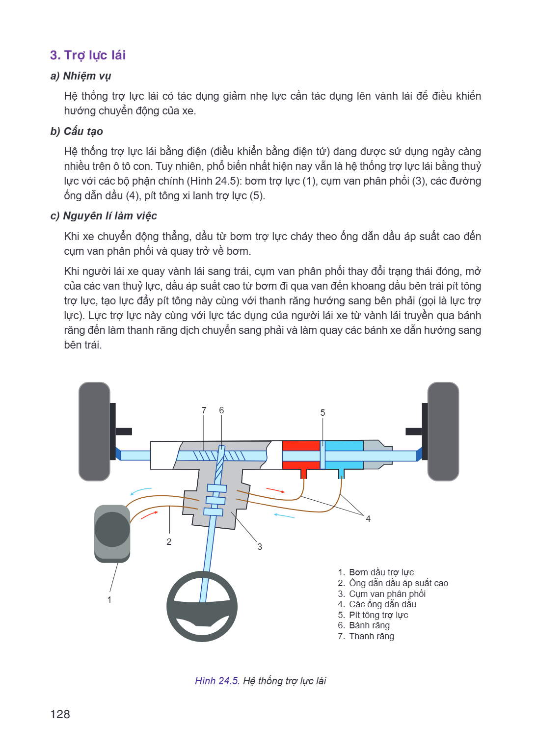 3. Trợ lực lái a) Nhiệm vụ Hệ thống trợ lực lái có tác dụng giảm nhẹ lực cần tác dụng lên vành lái để điều khiển hướng chuyển động của xe. b) Cấu tạo Hệ thống t