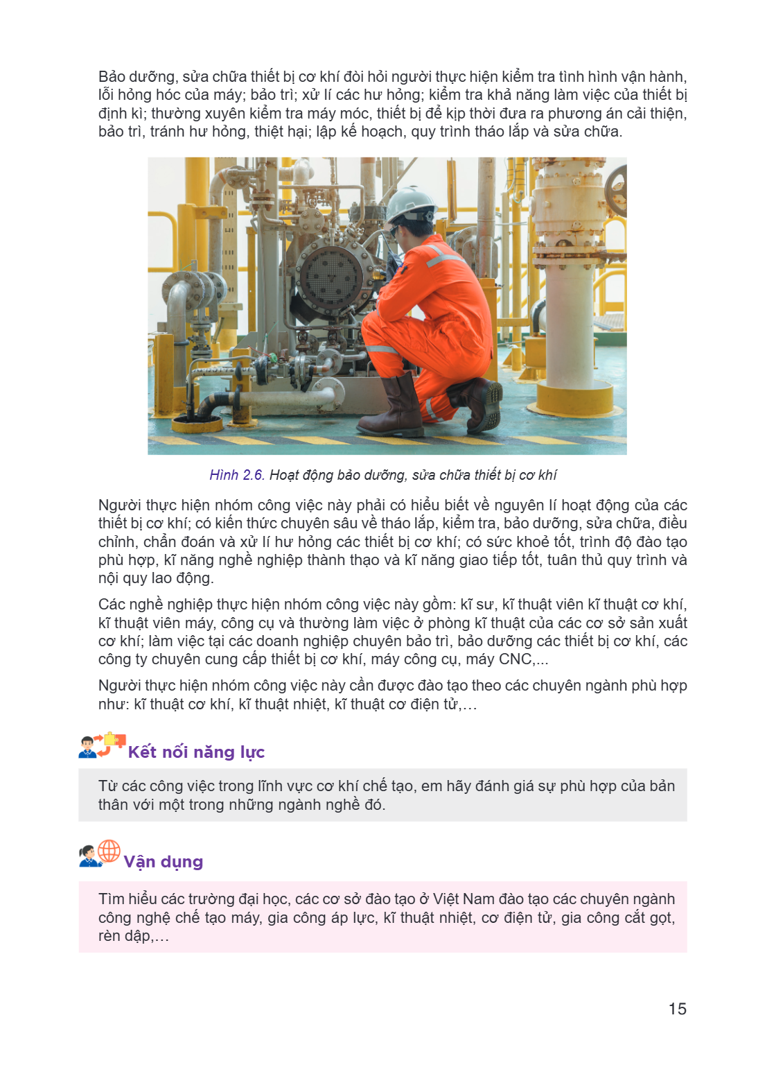 Bảo dưỡng, sửa chữa thiết bị cơ khí đòi hỏi người thực hiện kiểm tra tình hình vận hành, lỗi hỏng hóc của máy; bảo trì; xử lí các hư hỏng; kiểm tra khả năng làm