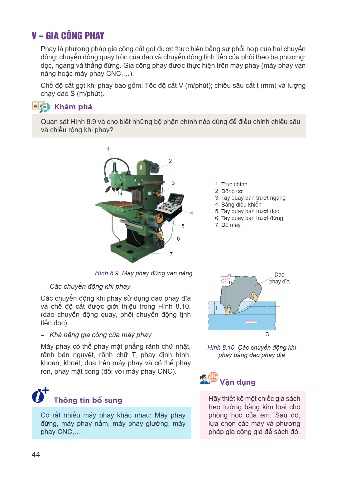 V – GIA CÔNG PHAY Phay là phương pháp gia công cắt gọt được thực hiện bằng sự phối hợp của hai chuyển động: chuyển động quay tròn của dao và chuyển động tịnh ti